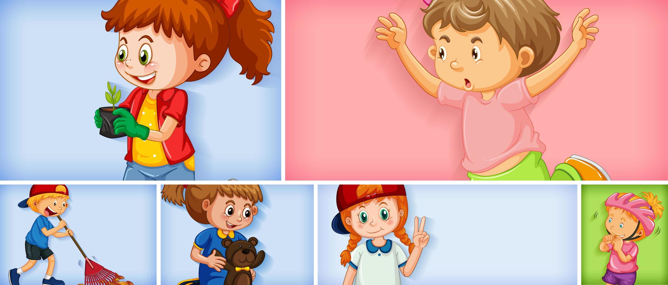 Conjunto de diferentes personajes infantiles sobre fondo de color diferente vector