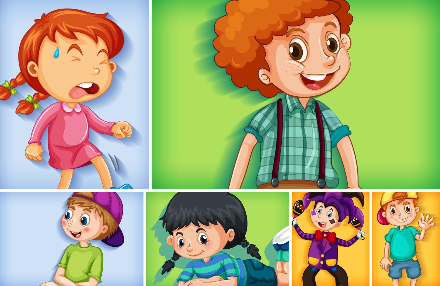 Set of different kid characters on different color background vector