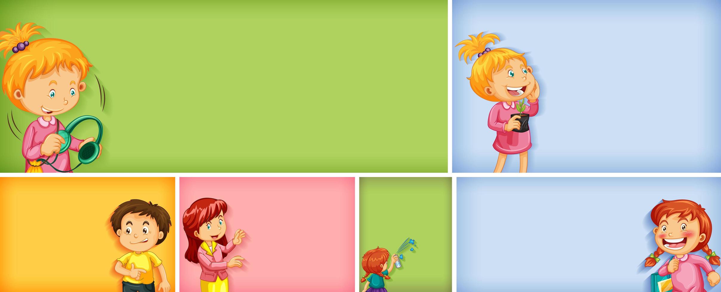 Conjunto de diferentes personajes infantiles sobre fondo de color diferente vector