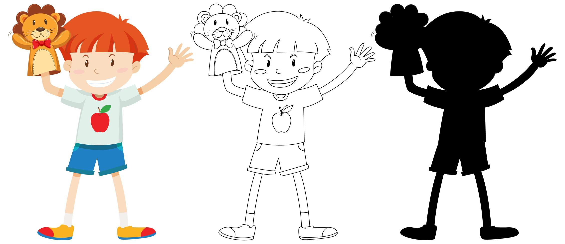 Boy playing with doll hand in colour and outline and silhouette vector