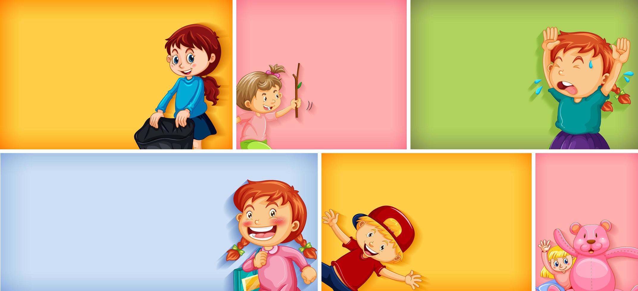 Conjunto de diferentes personajes infantiles sobre fondo de color diferente vector