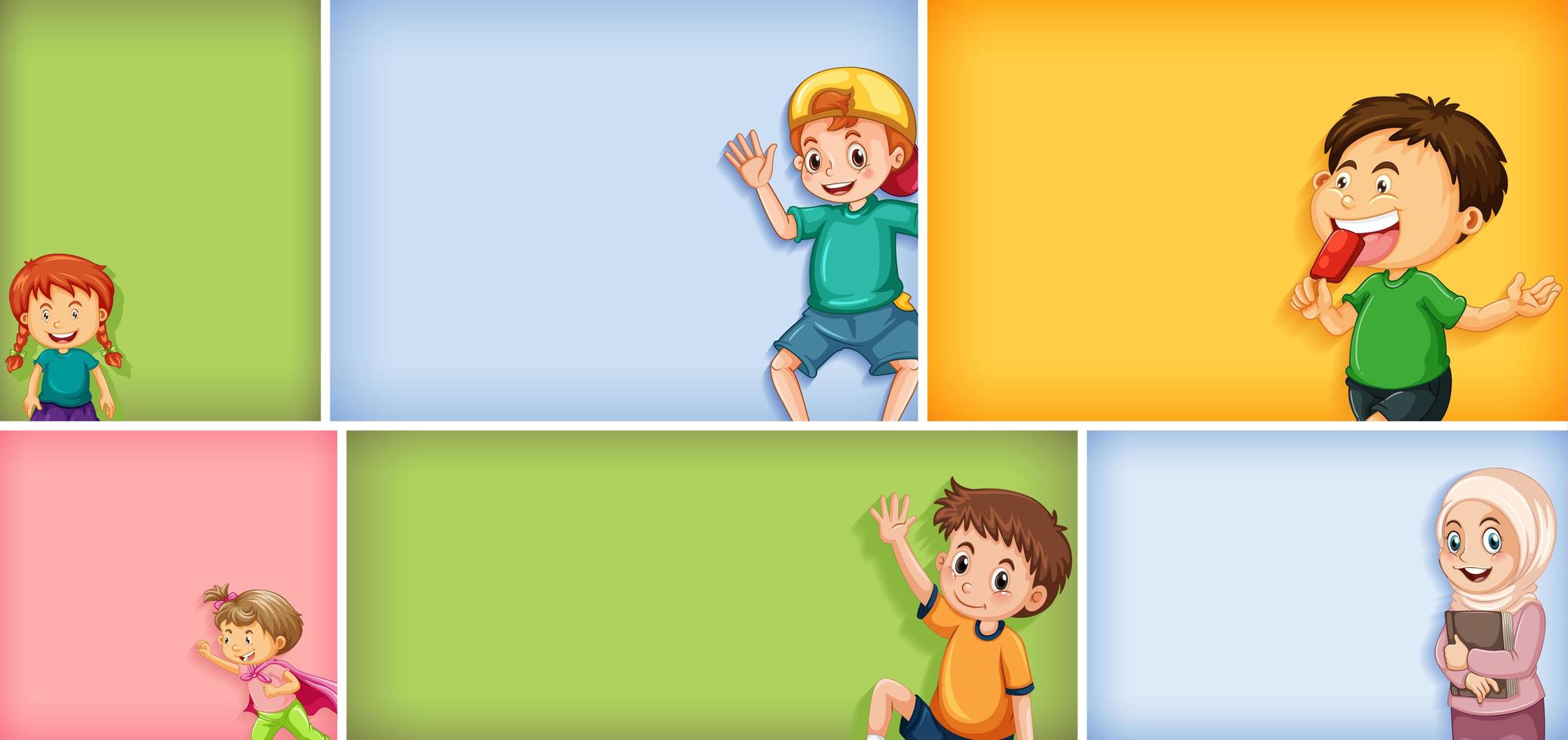 Conjunto de diferentes personajes infantiles sobre fondo de color diferente vector