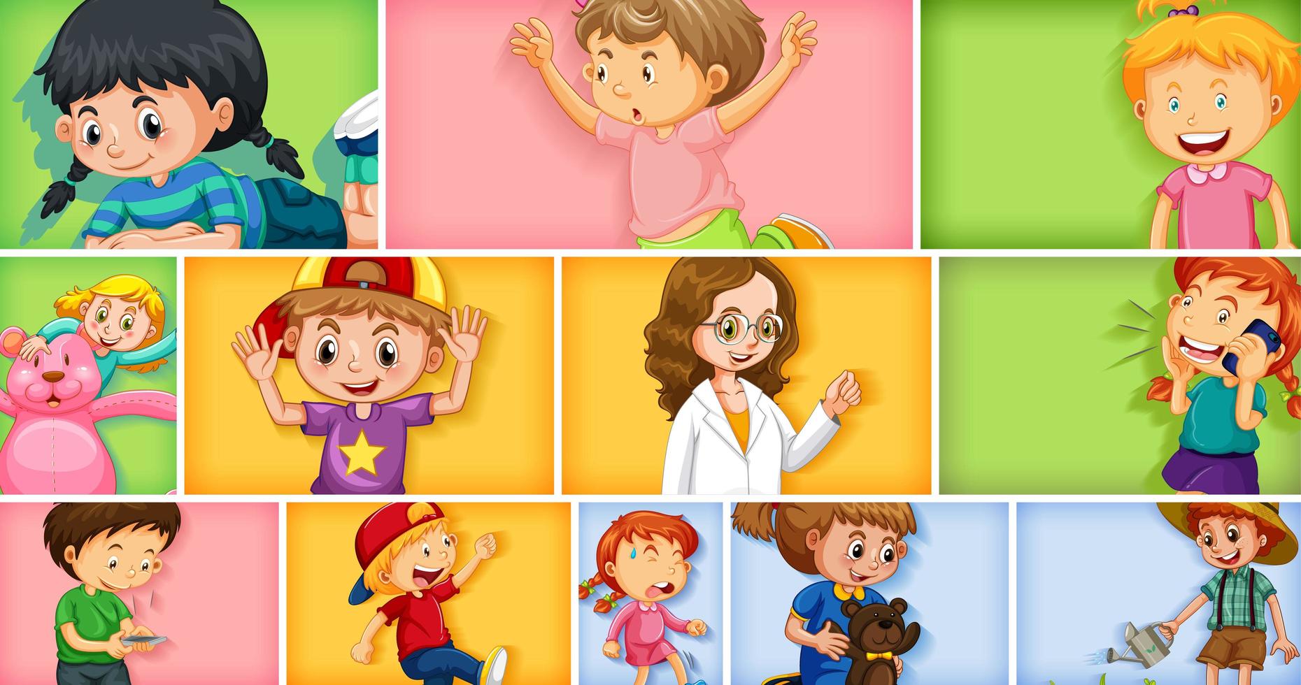 Conjunto de diferentes personajes infantiles sobre fondo de color diferente vector