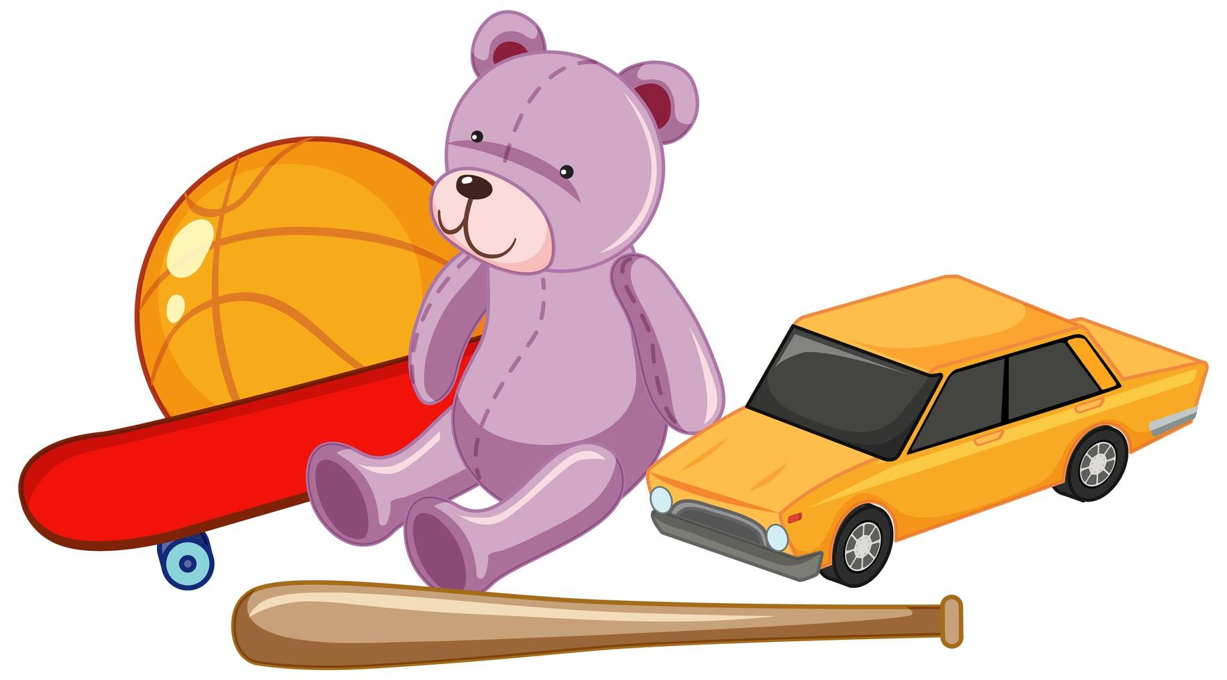 Group of children toys such as teddy bear and ball and car toy vector