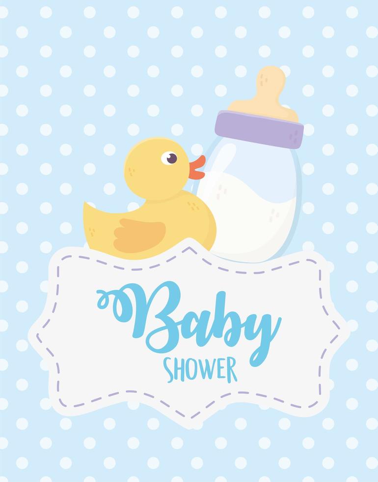 baby shower tarjeta azul con iconos de bebé vector