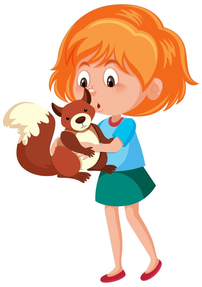 Chica sosteniendo un lindo personaje de dibujos animados de animales aislado sobre fondo blanco. vector
