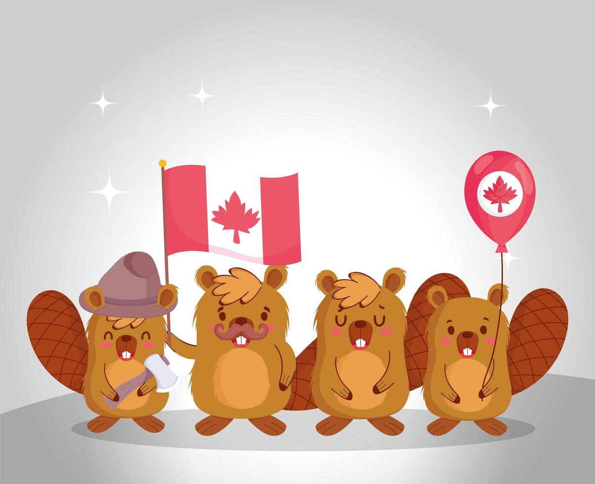 Beavers with Canada flag and balloon vector