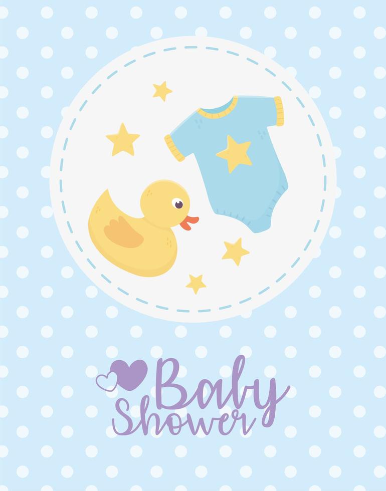 baby shower tarjeta azul con iconos de bebé vector