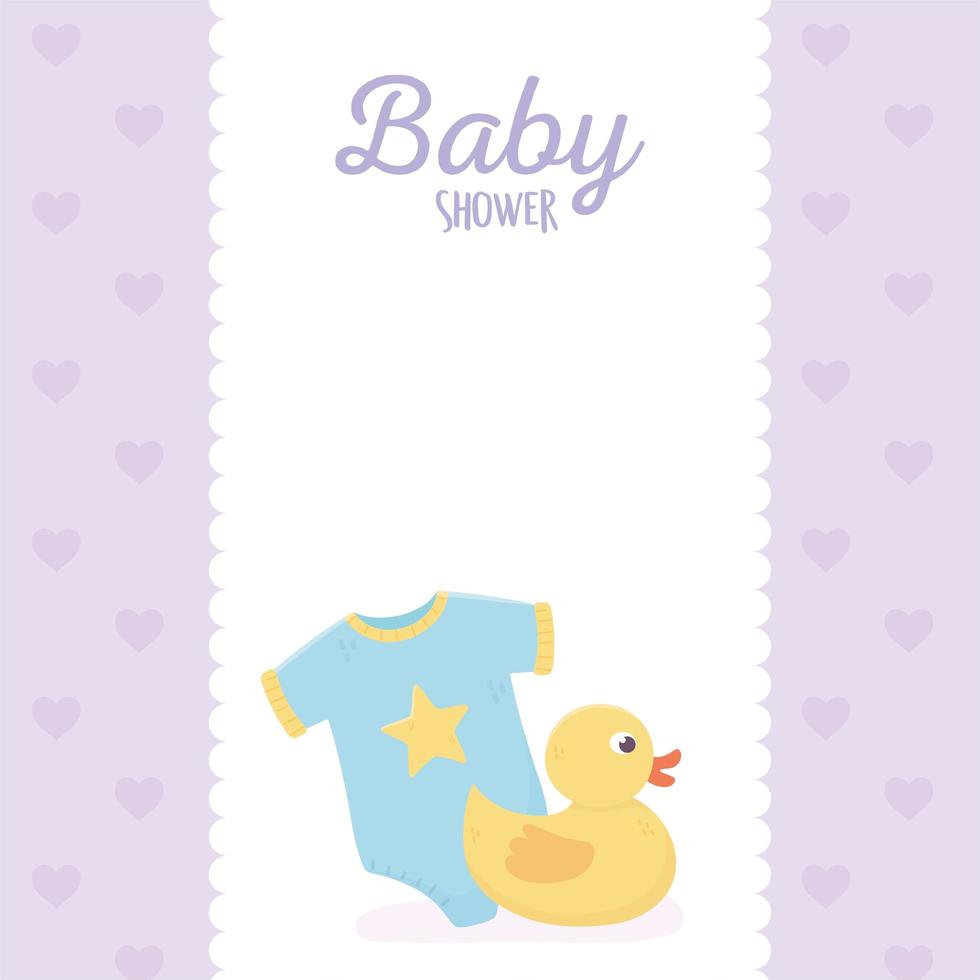 baby shower tarjeta morada con iconos de bebé vector