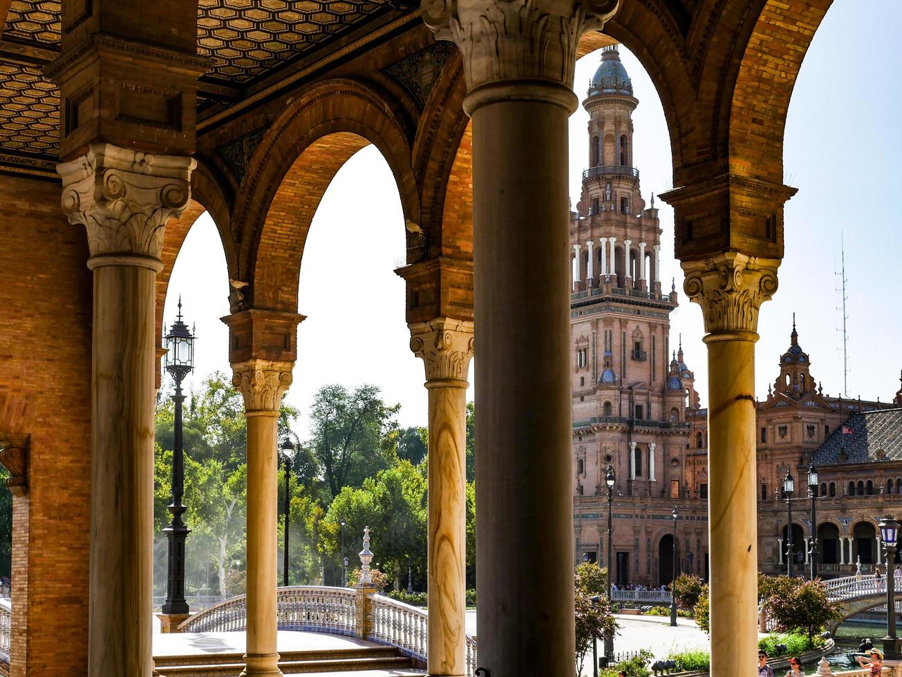 Seville, Spain, 2020 - View of a tower in the Plaza de Espana photo