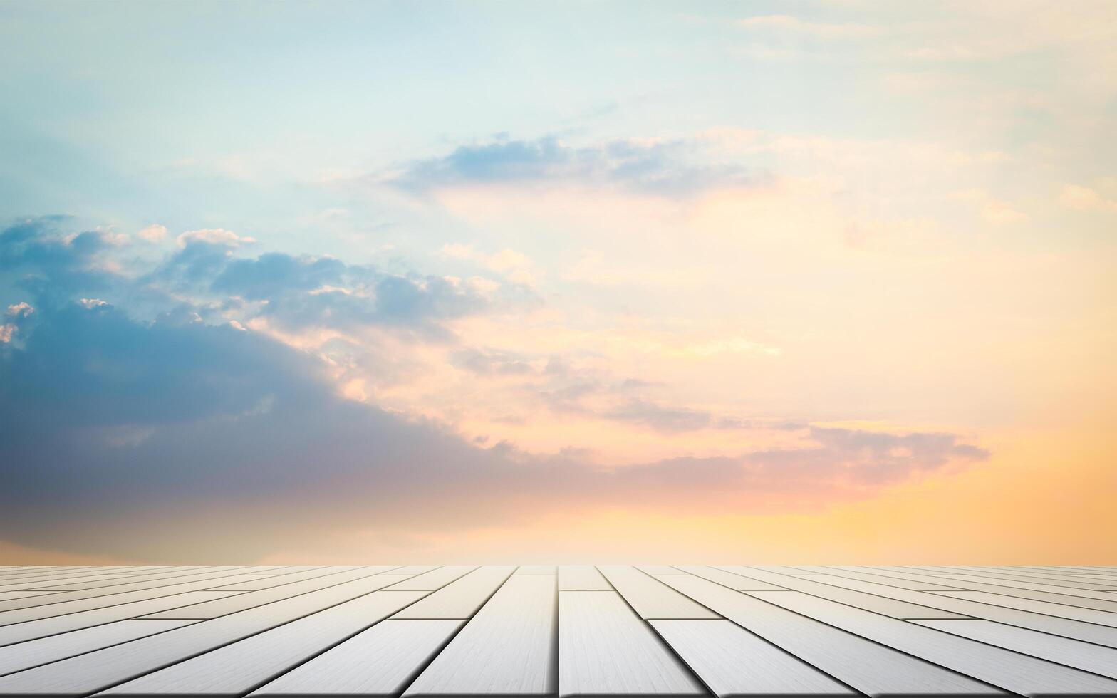 Wooden floor with sky background photo