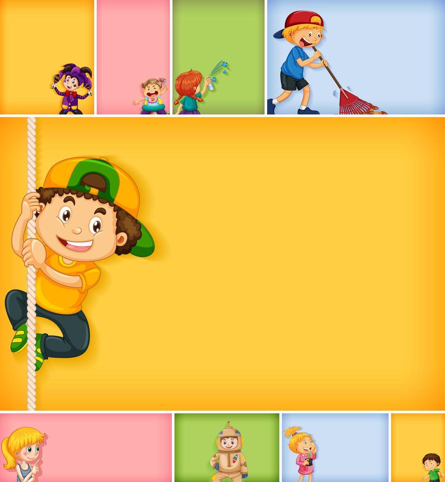 Conjunto de diferentes personajes infantiles sobre fondo de color diferente vector