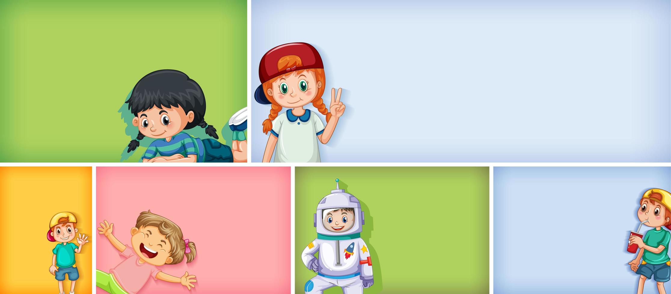 Set of different kid characters on different color background vector