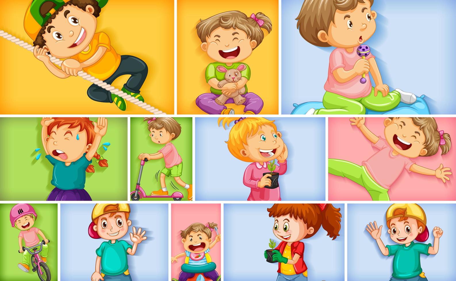 Set of different kid characters on different color background vector
