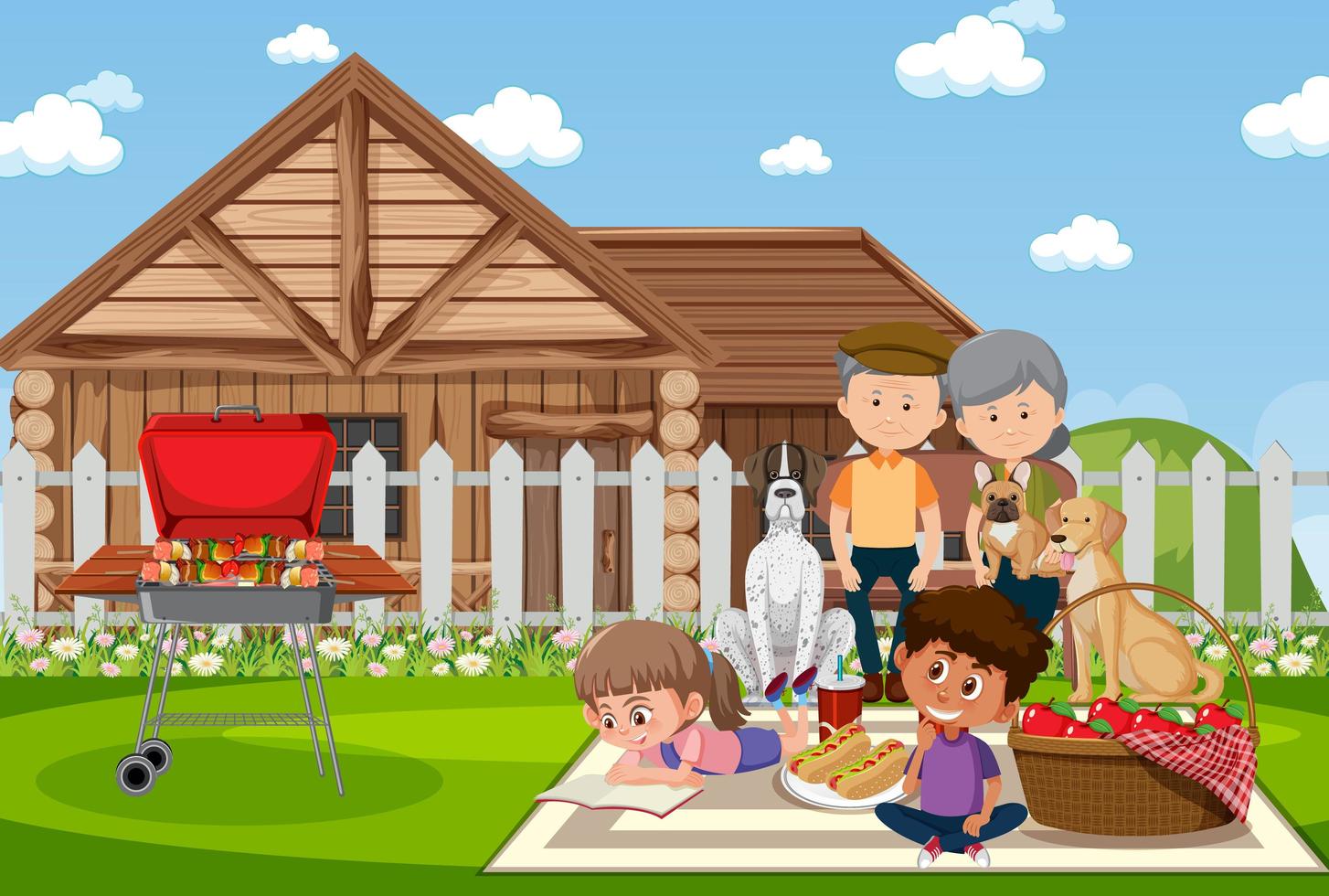 Picnic scene with happy family and dog vector