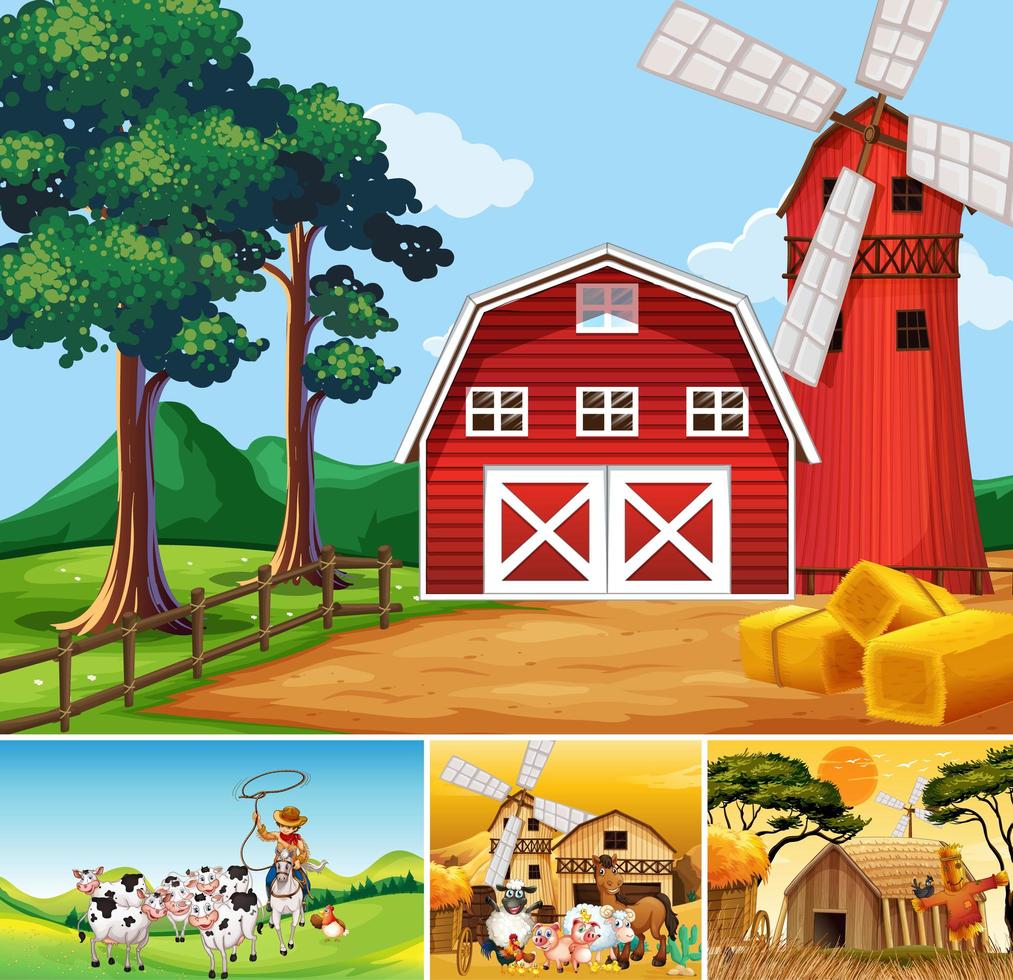 Set of different farm scenes and animals vector