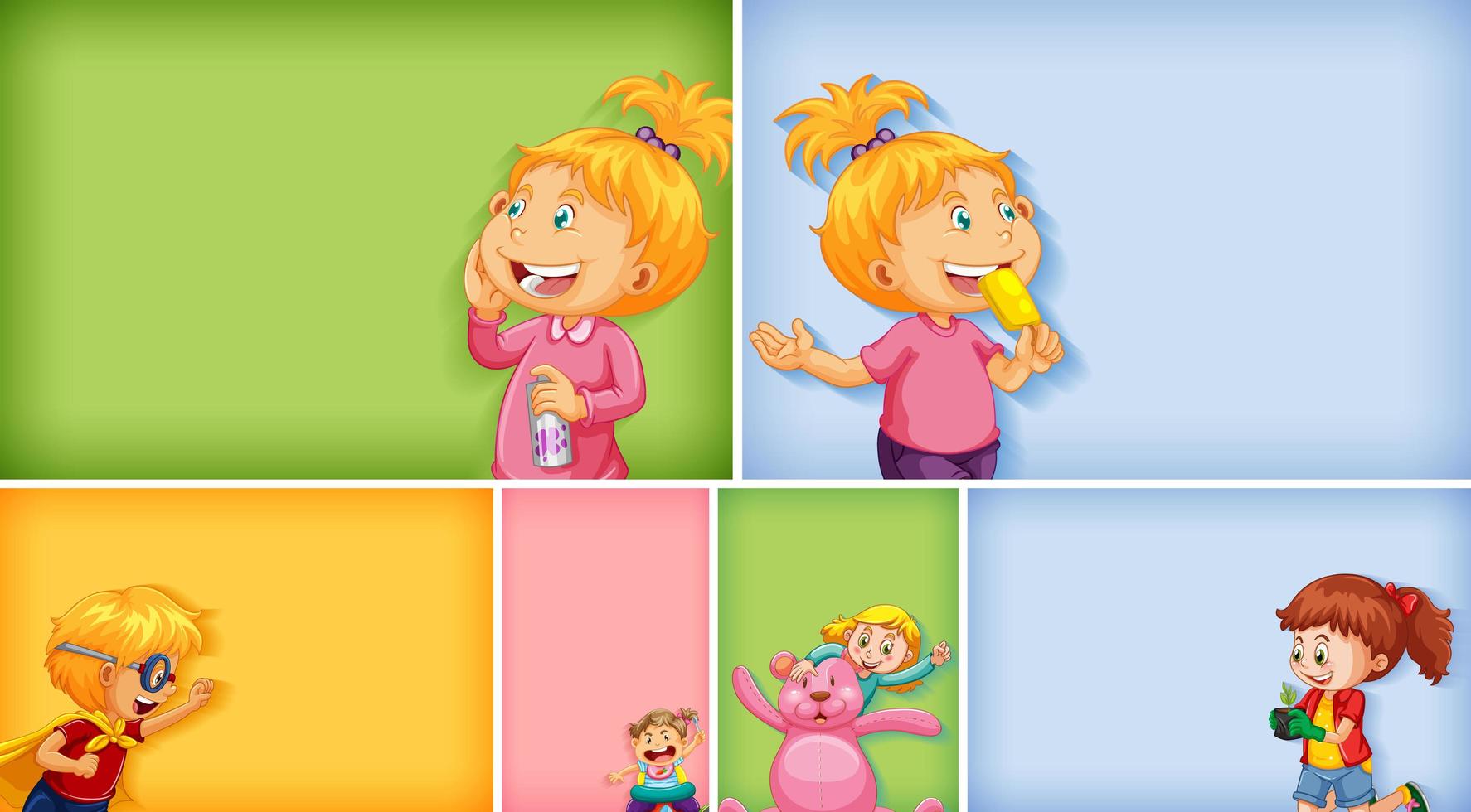 Set of different kid characters on different color background vector