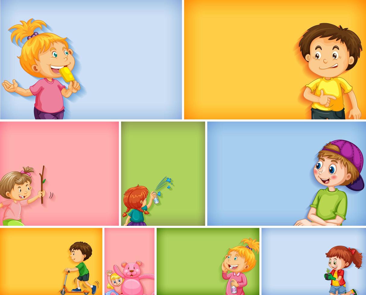 Conjunto de diferentes personajes infantiles sobre fondo de color diferente vector