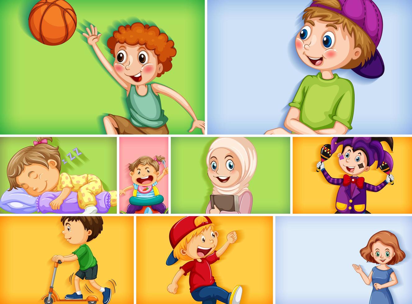 Conjunto de diferentes personajes infantiles sobre fondo de color diferente vector