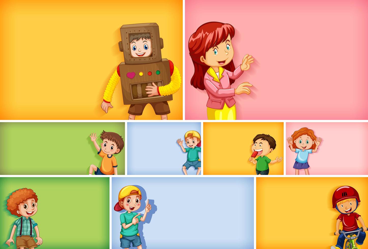 Set of different kid characters on different color background vector