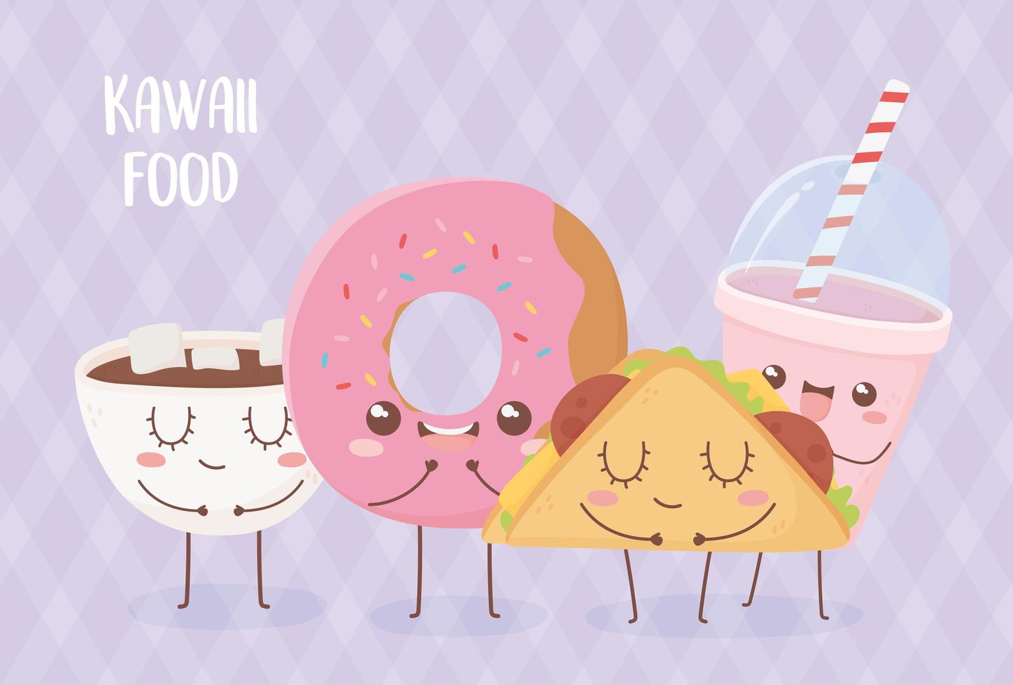 Composición de personajes de dibujos animados de comida kawaii vector