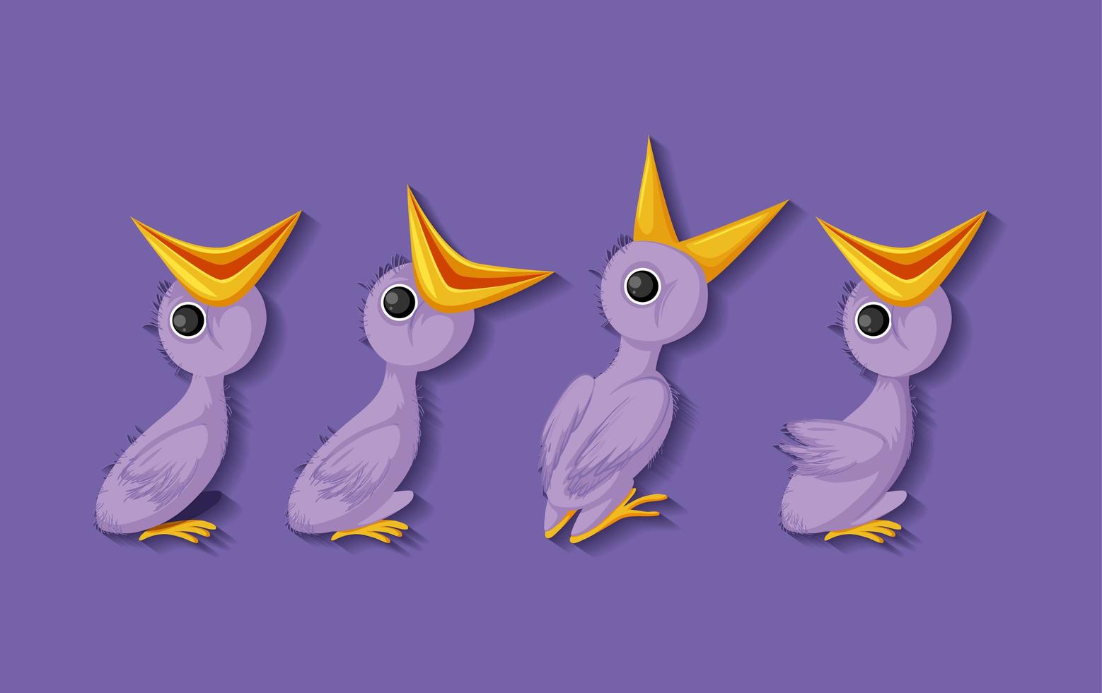 personajes de dibujos animados de pollitos morados vector