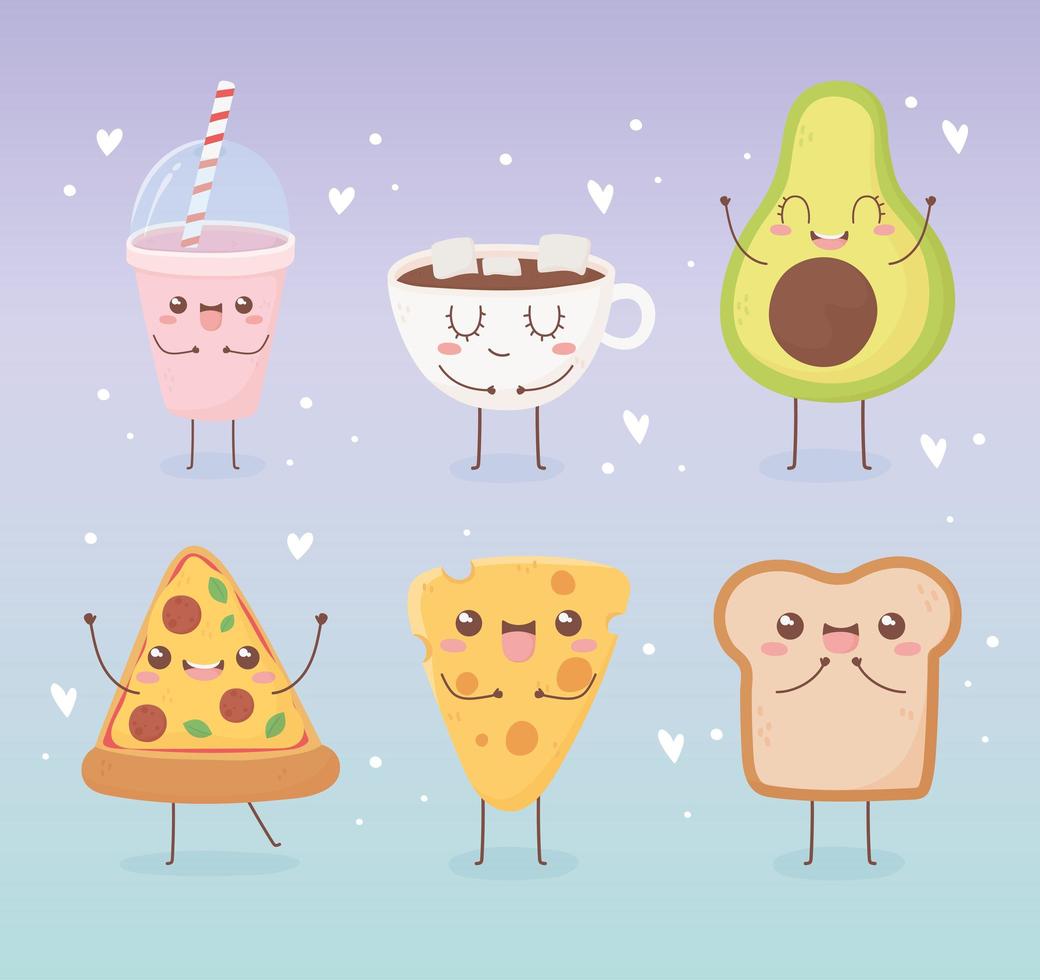 Conjunto de caracteres de dibujos animados de comida kawaii vector