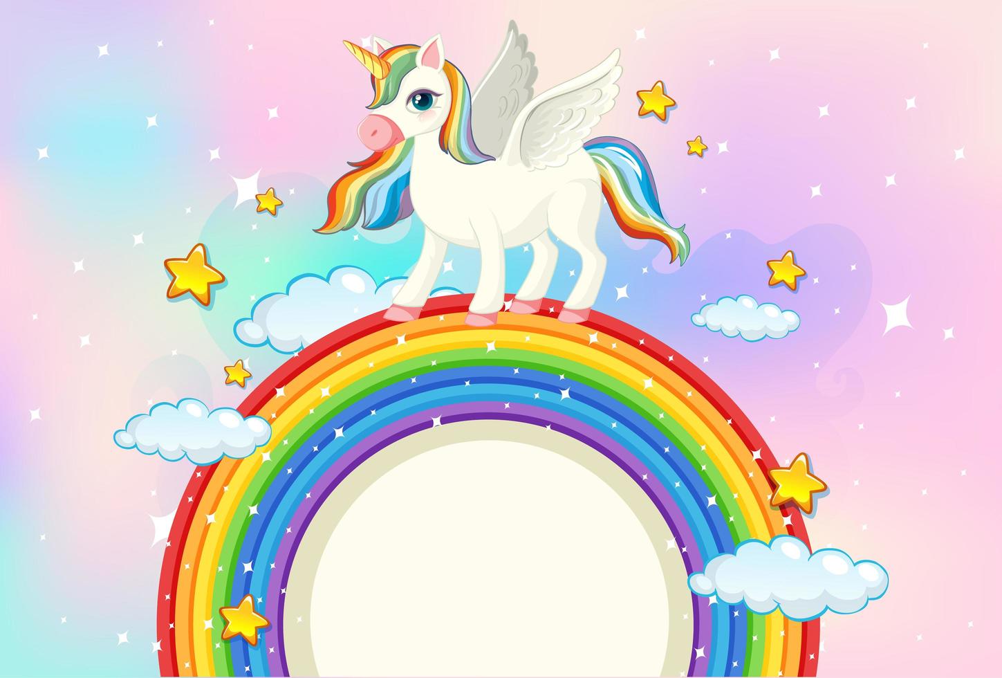 Banner en blanco en forma de arco iris con diseño de unicornio vector