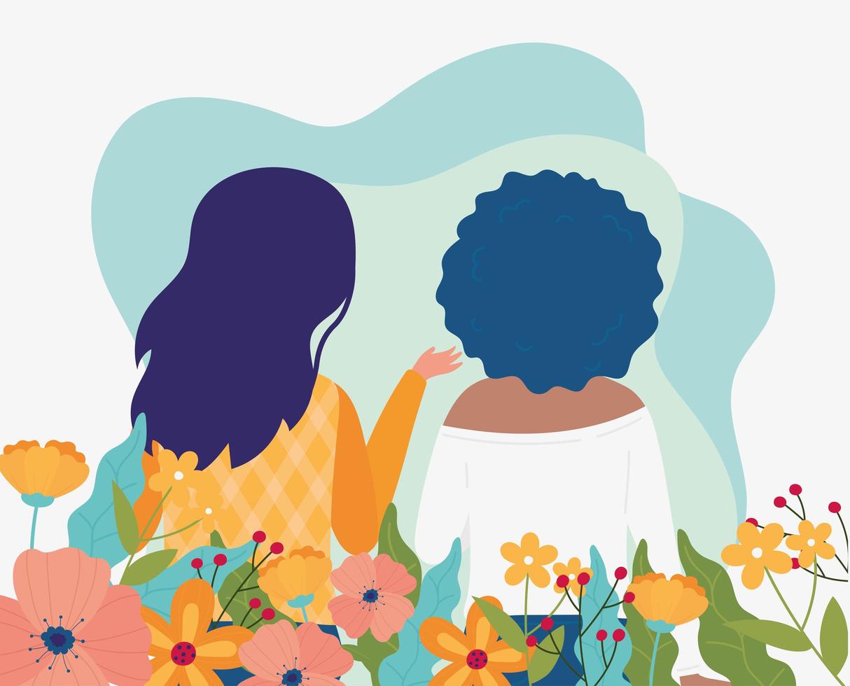 Banner de celebración de primavera con mujeres y flores. vector