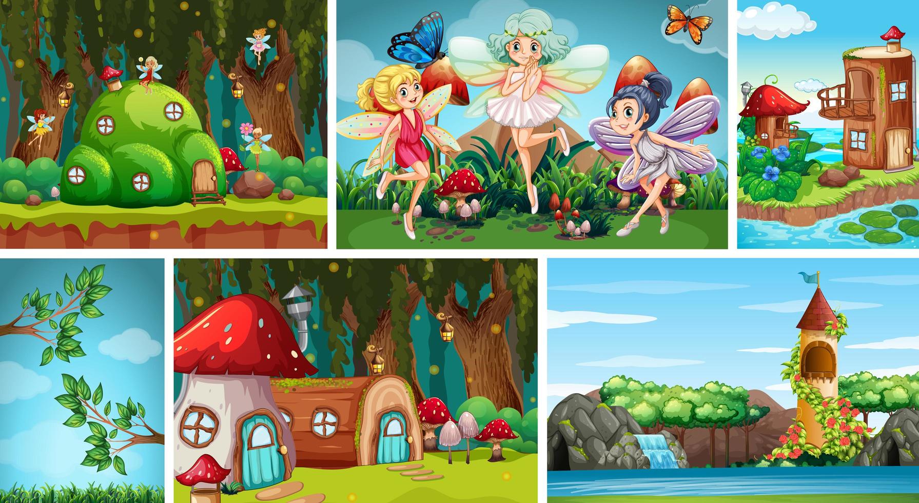 Six different scene of fantasy worlds vector