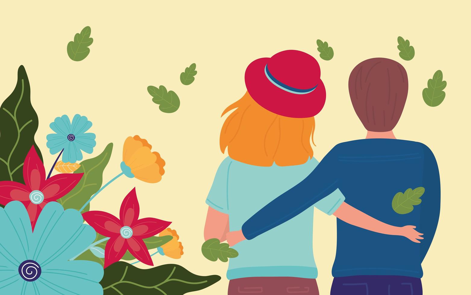 Banner de celebración de primavera con pareja y flores. vector