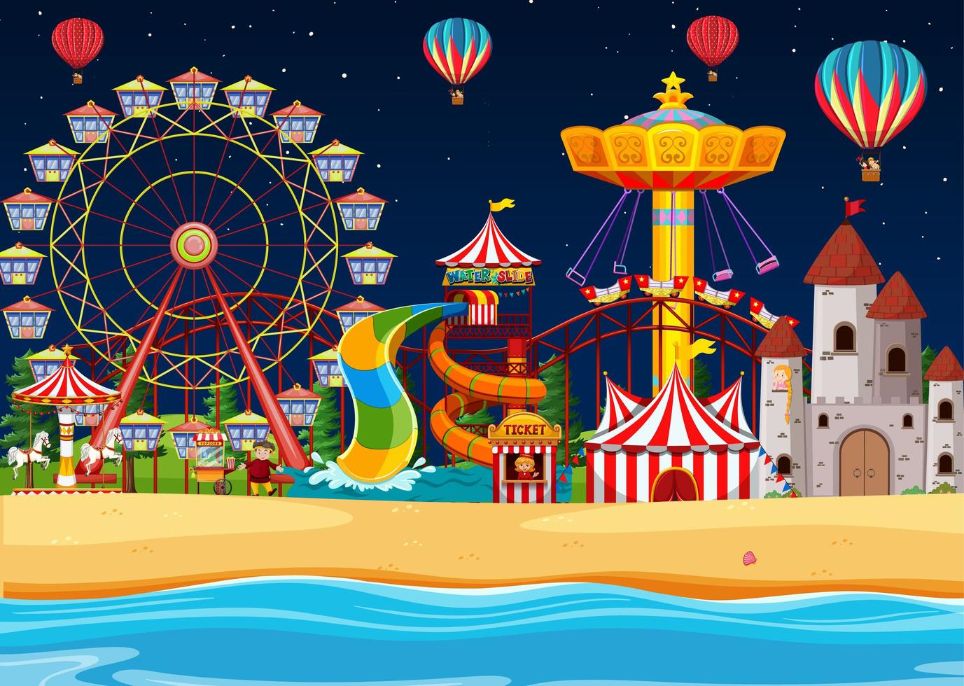 parque de atracciones con escena junto a la playa por la noche. vector