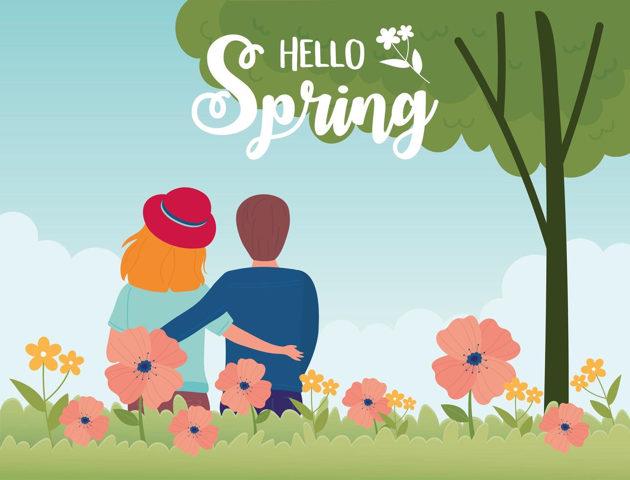 hola banner de celebración de primavera con pareja y flores vector