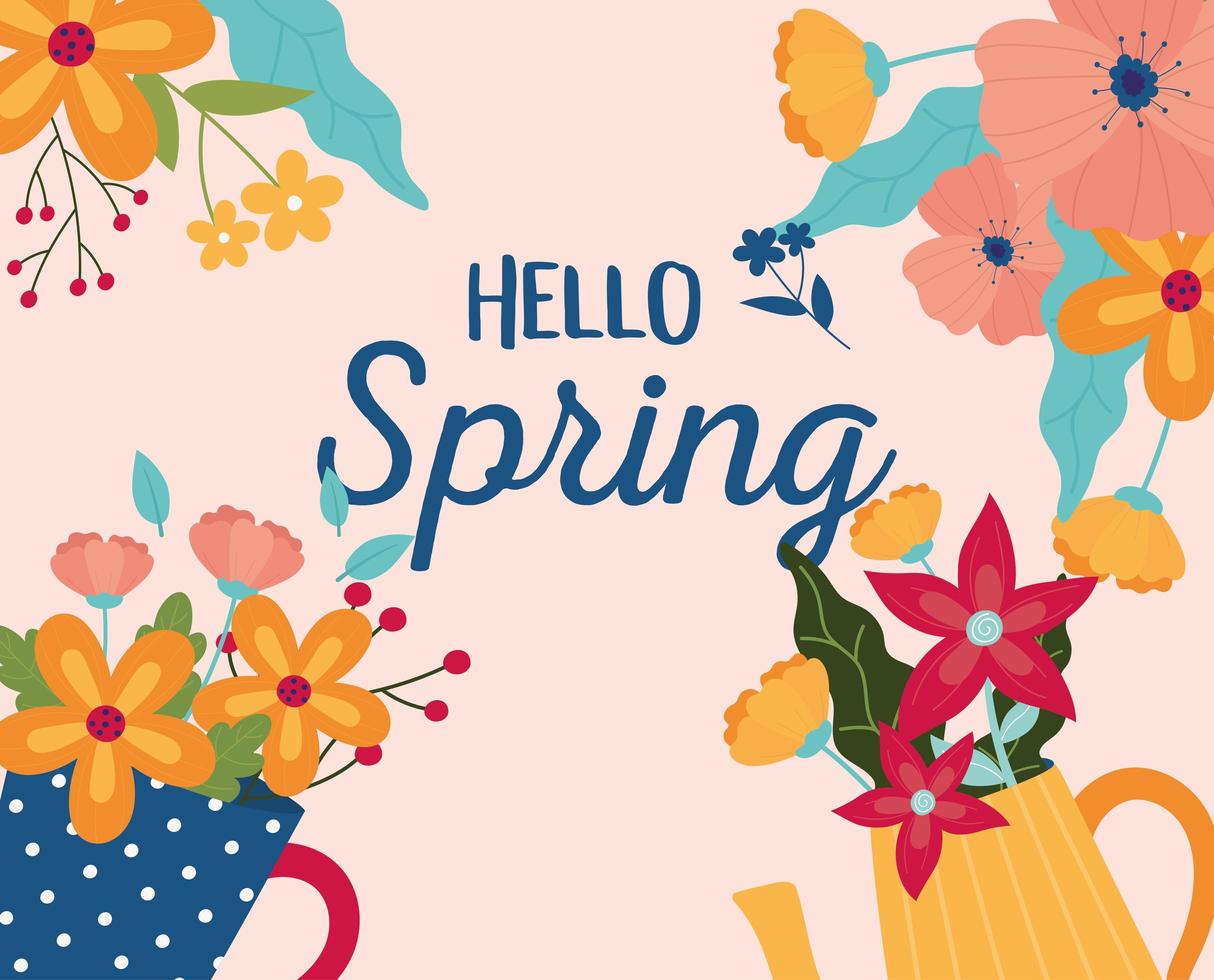 hola cartel de celebración de primavera con flores vector