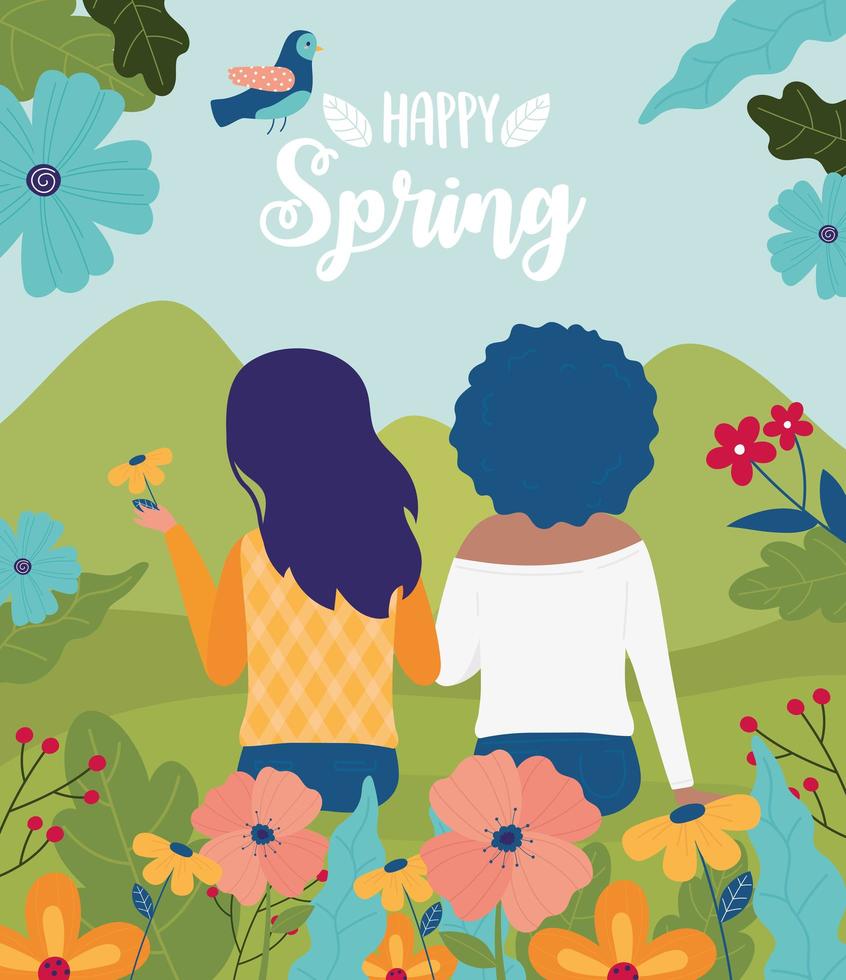 Happy Spring celebration poster with women and flowers vector