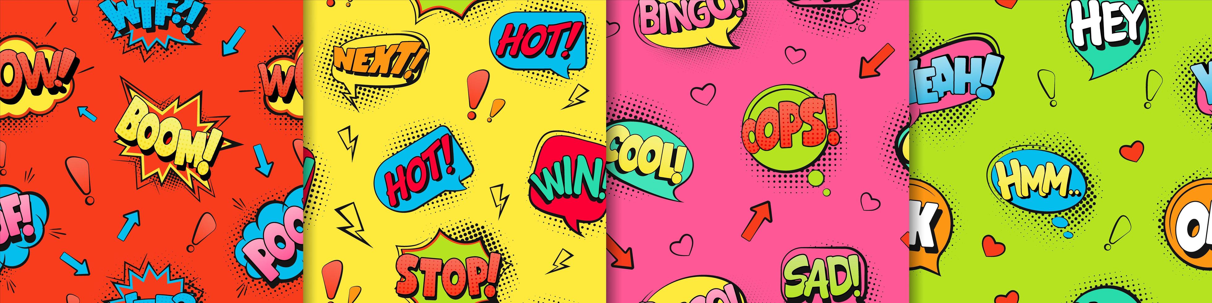 Comic text, seamless patterns vector