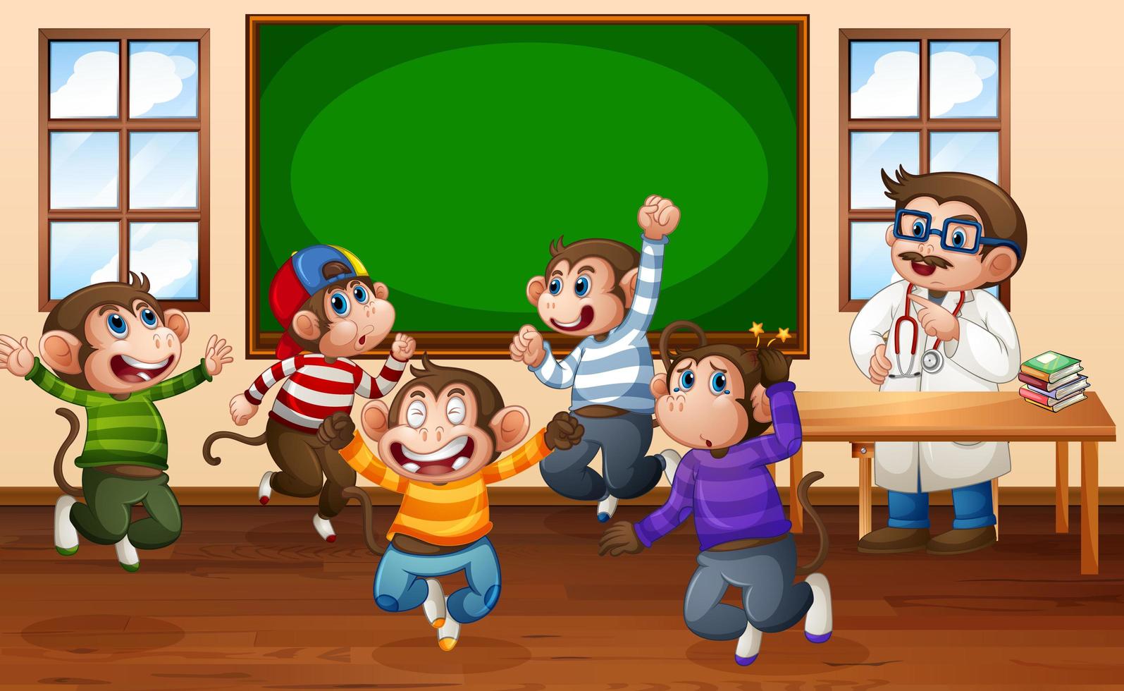 Five little monkeys jumping in the classroom vector