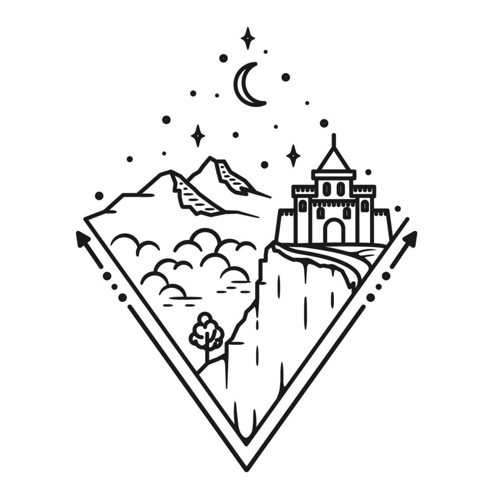 Mountain and castle, line art design vector