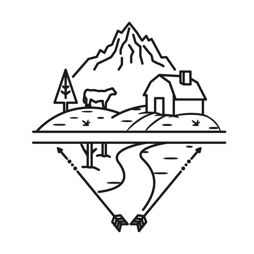 Farm, mountain and cow, line art design vector