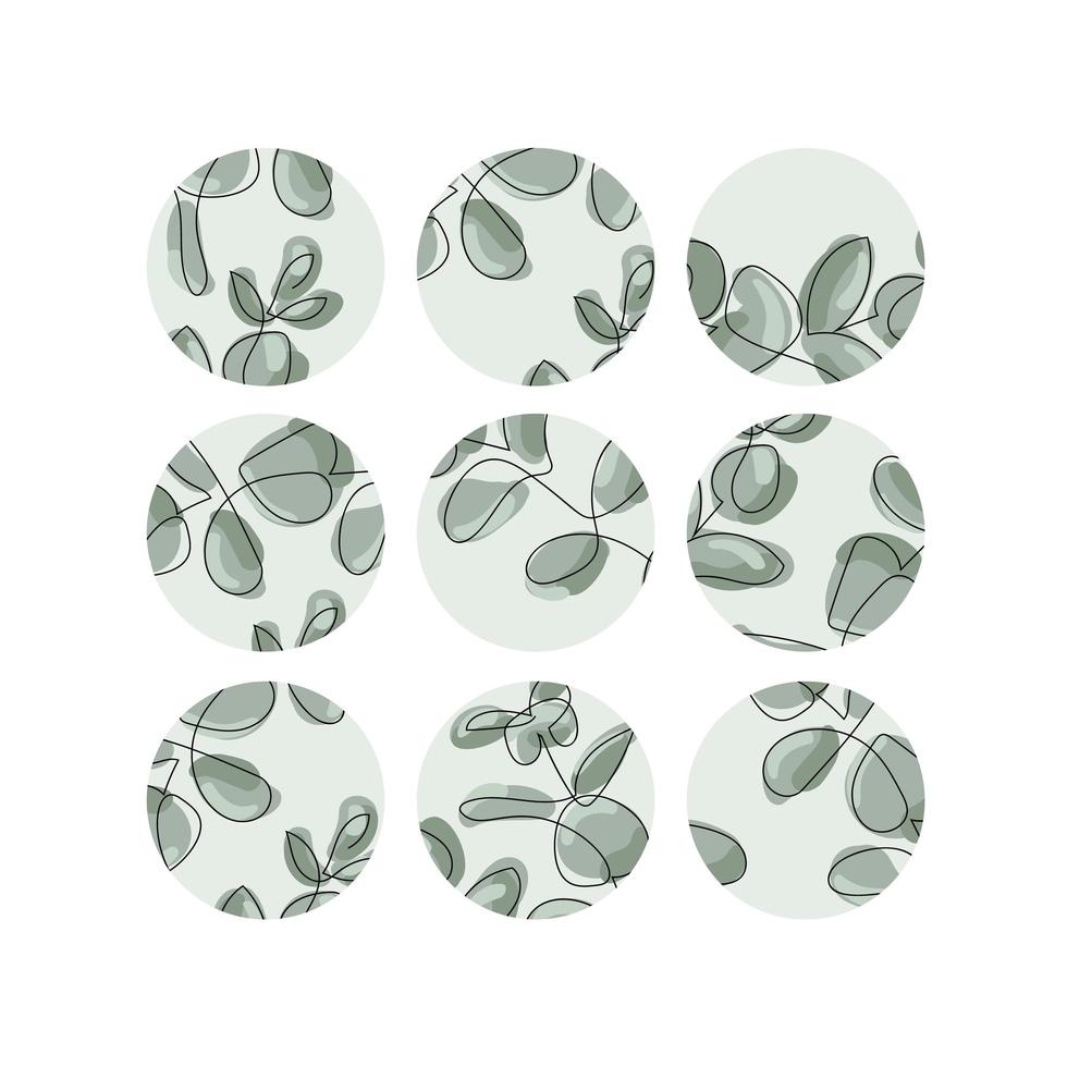 Green eucalyptus leaves round icon set vector
