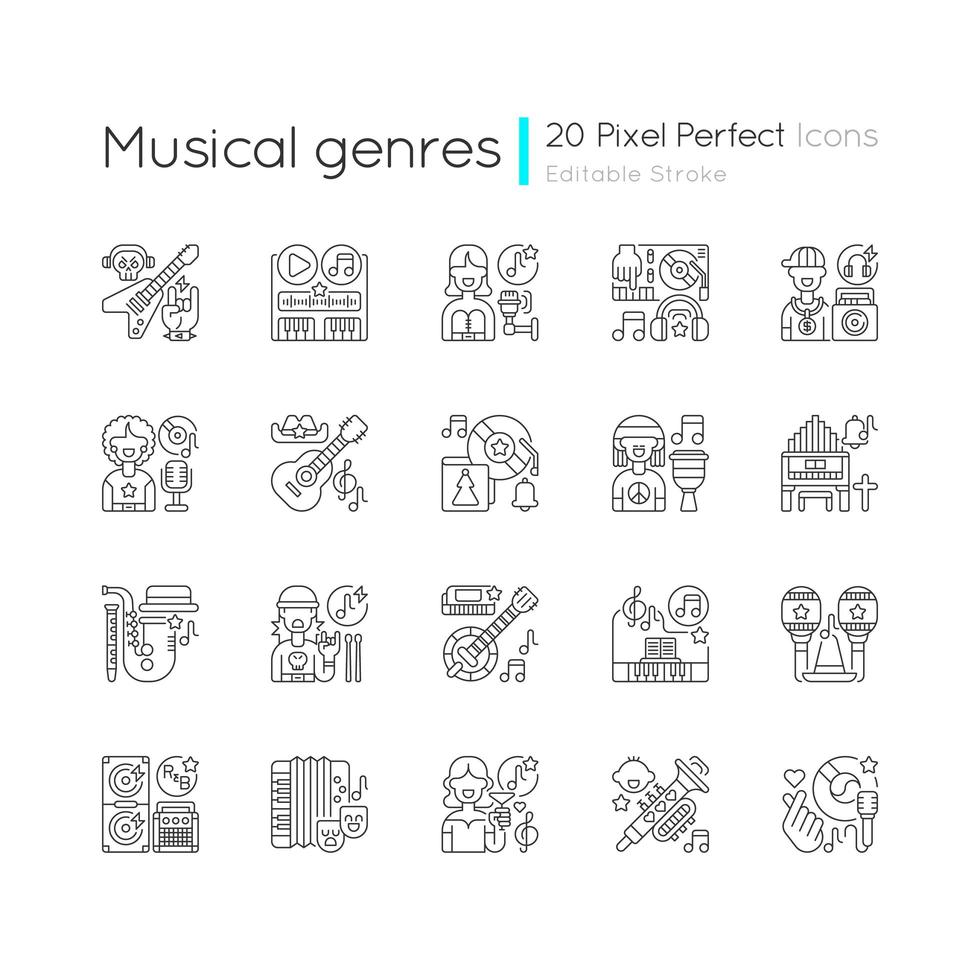 géneros musicales, conjunto de iconos lineales vector