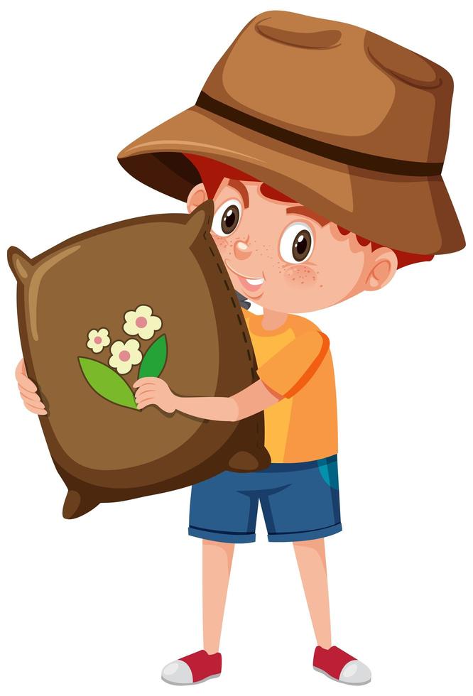 Boy holding bag of soil cartoon character vector