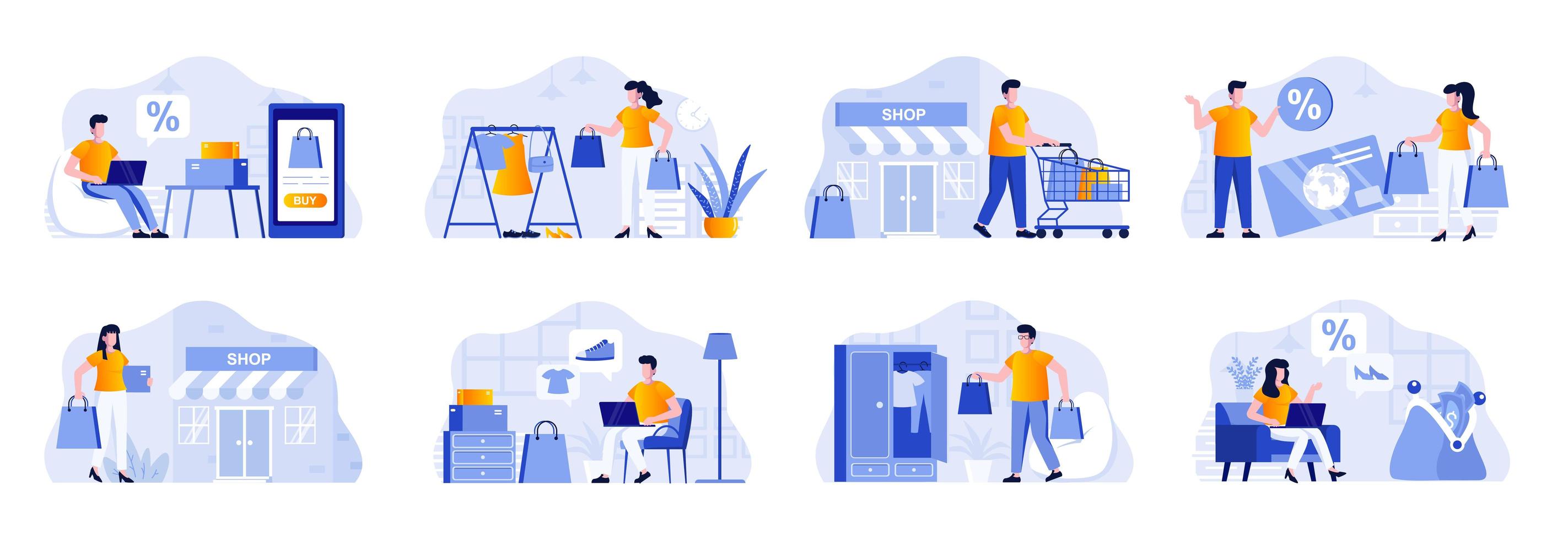 paquete de escenas de compras con personas. vector