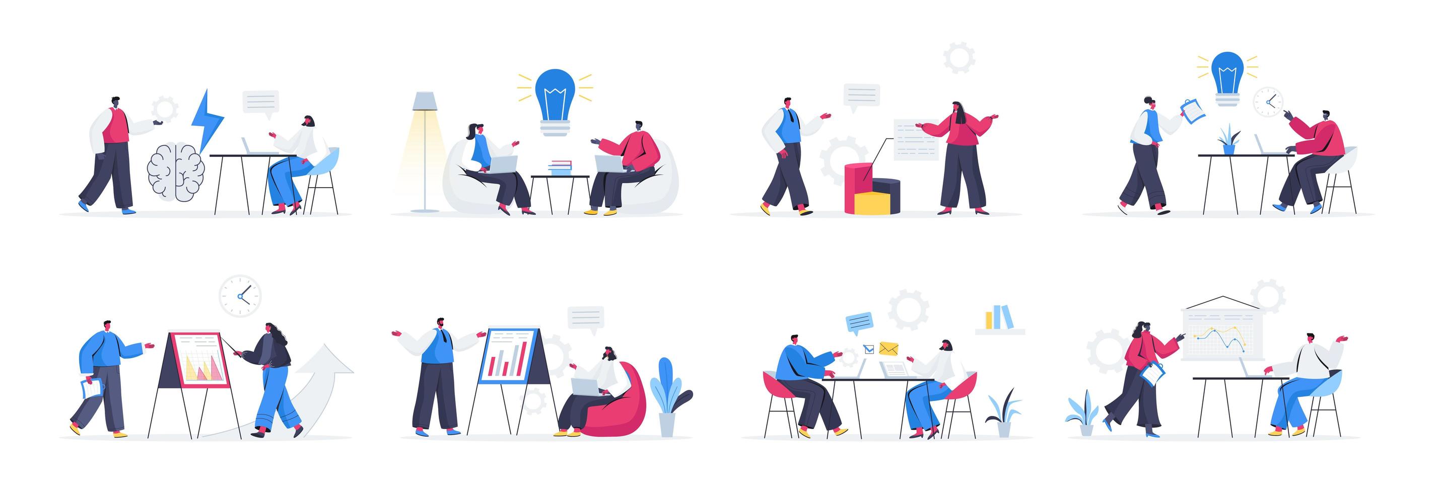 Bundle of brainstorming team scenes vector