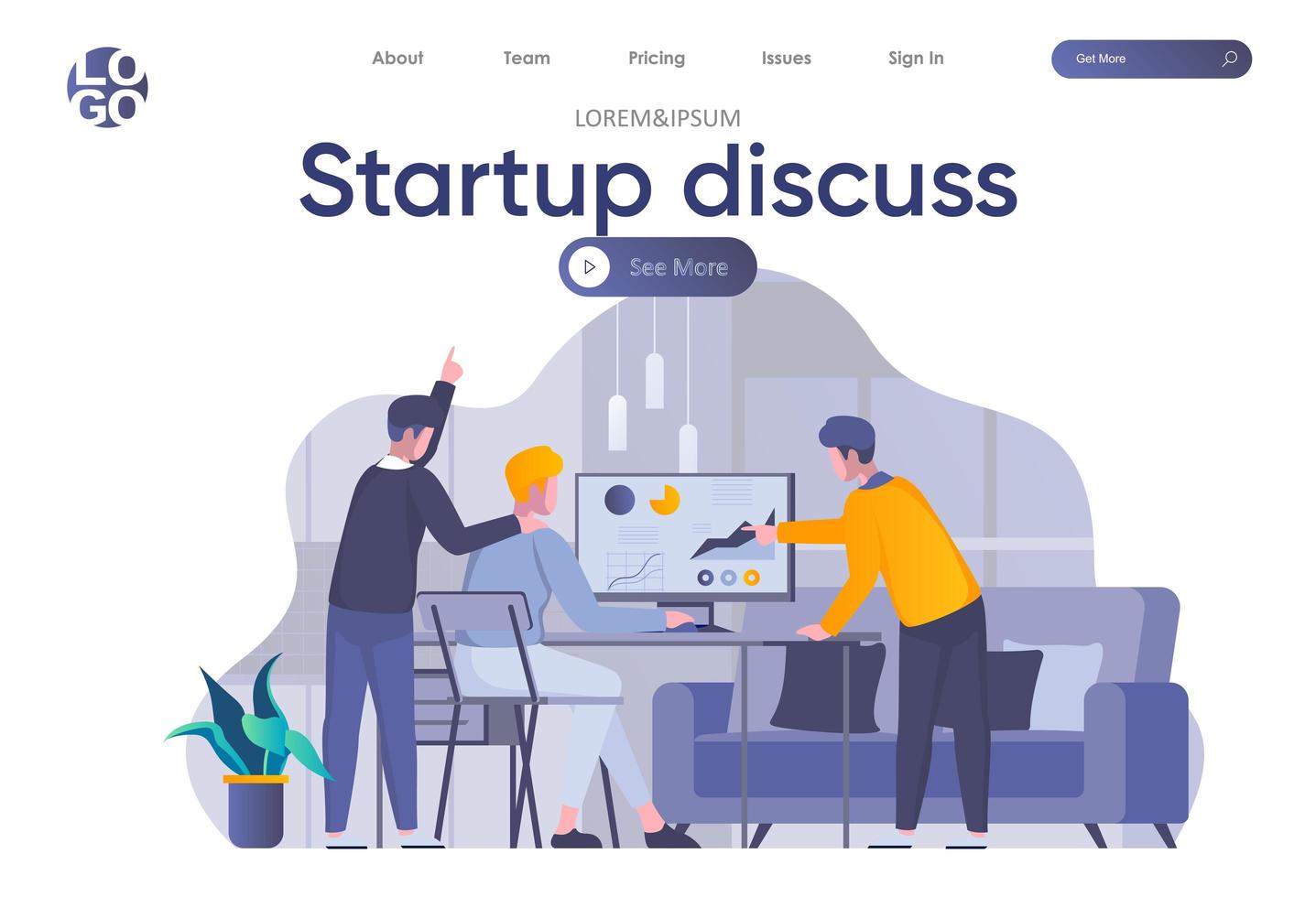 Startup discuss landing page with header vector