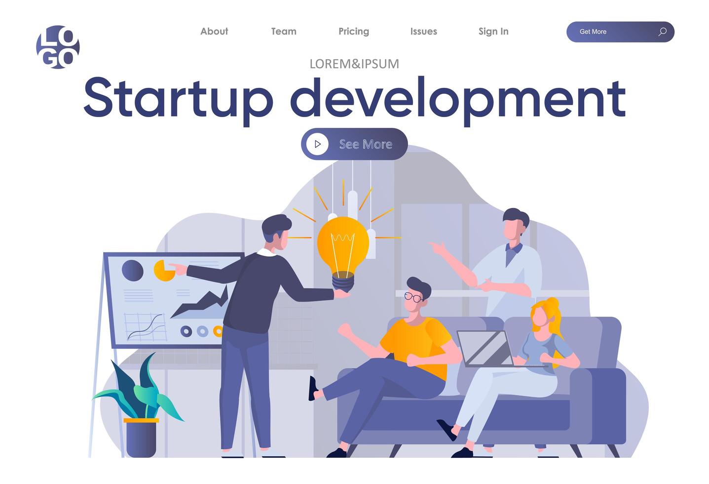 Startup development landing page with header vector