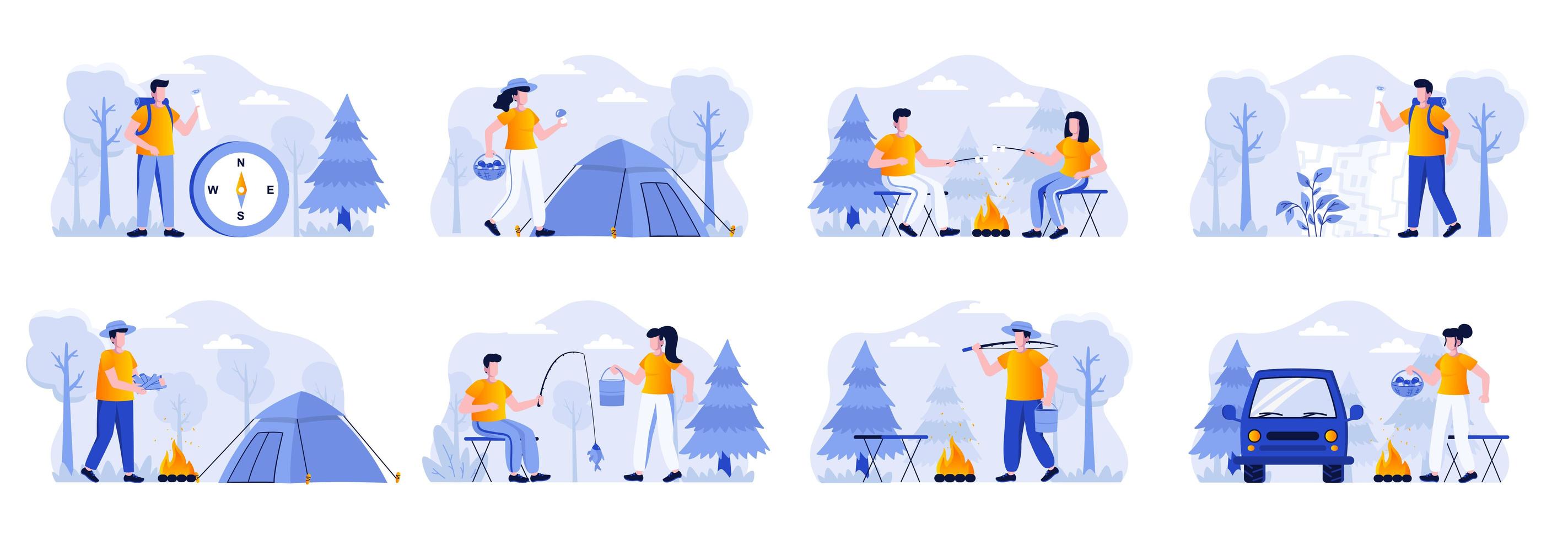 Camping scenes bundle with people characters vector