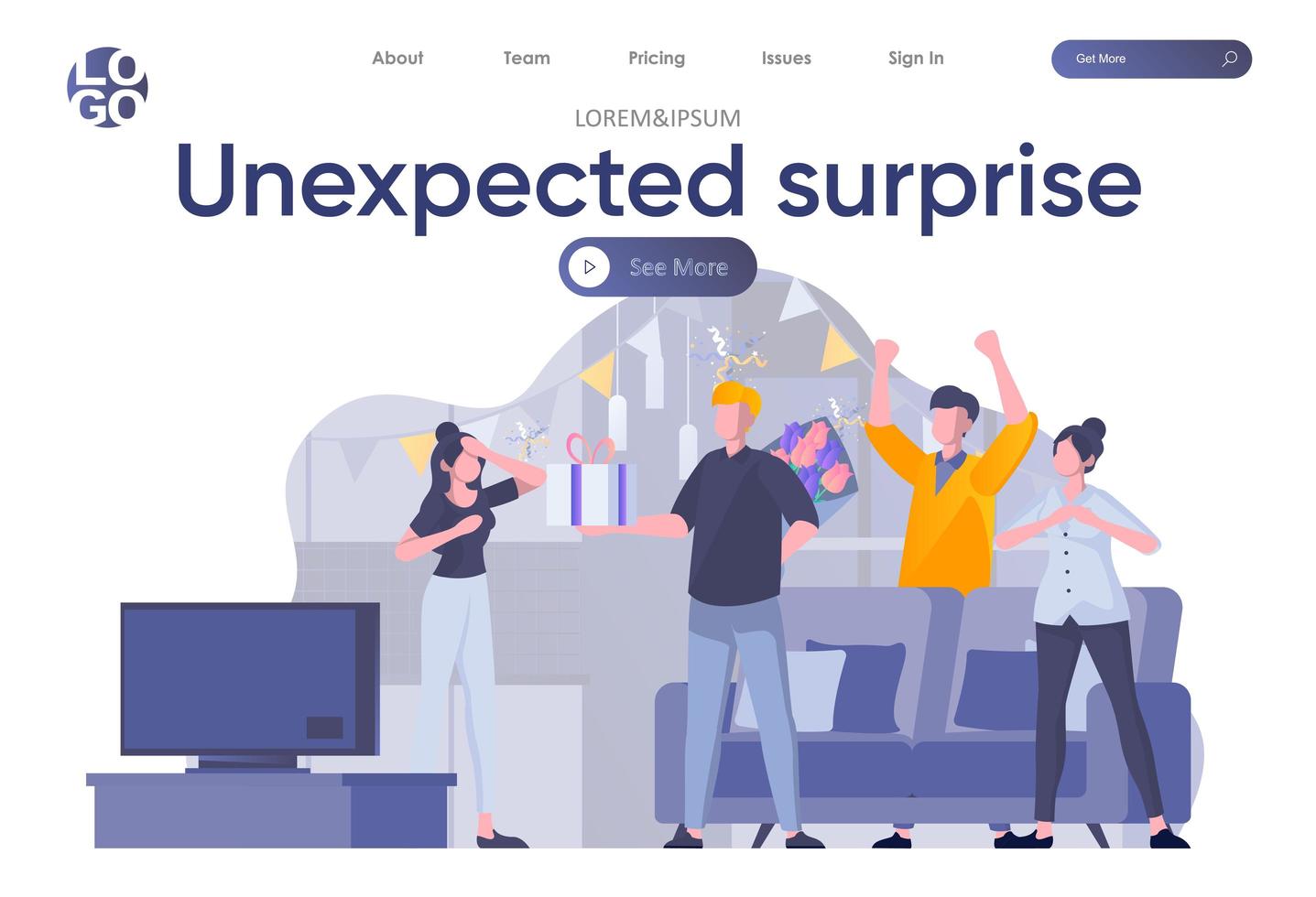 Unexpected surprise landing page with header vector