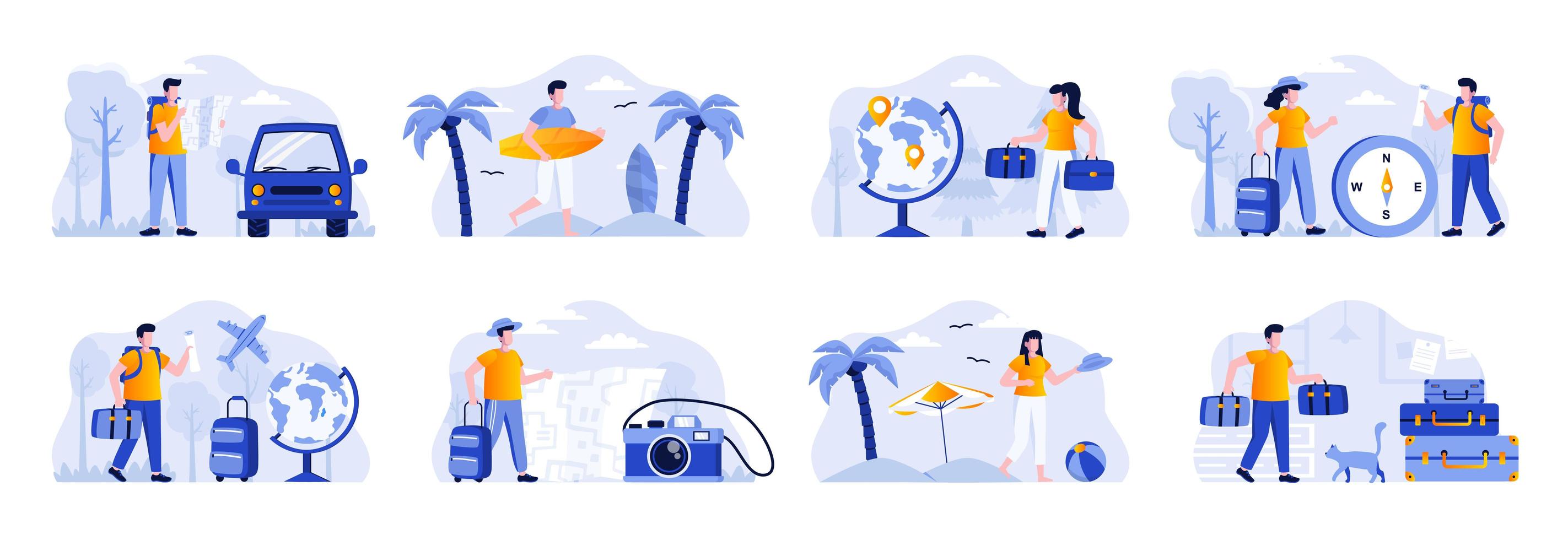 Paquete de escenas de vacaciones de viaje con personas. vector