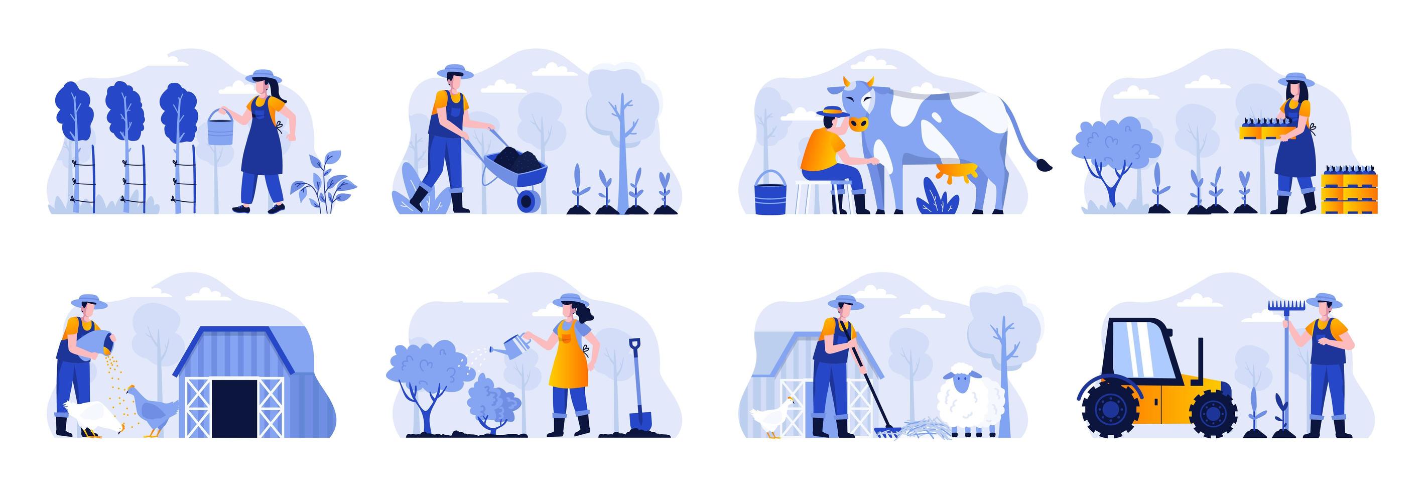 Farming scenes bundle with people vector